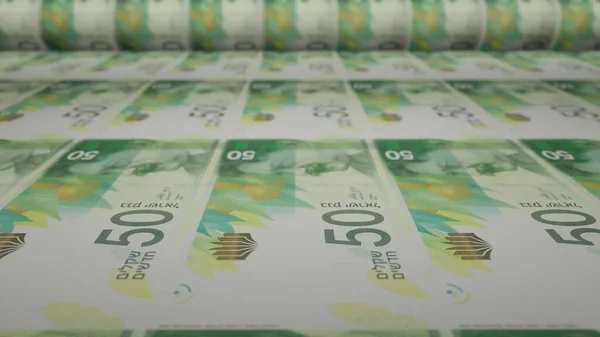 Israeli 50 shekels bills on money printing machine. Video of printing cash. Banknotes.