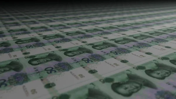 50 Chinese yuan bills on money printing machine. Illustration of printing cash. Banknotes. CNY.