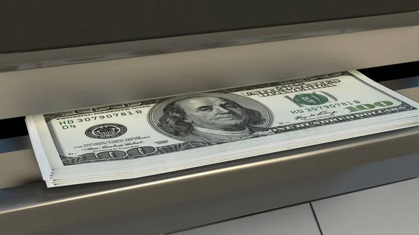 100 US dollar in cash dispenser. Withdrawal of cash from an ATM. Financial transaction in the bank terminal. USD.