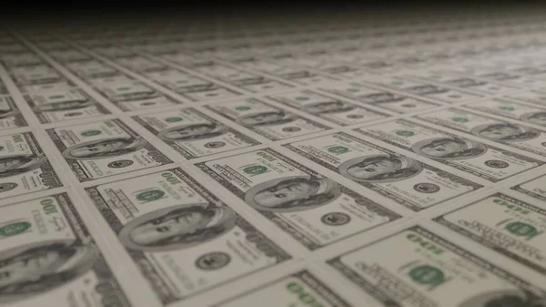 100 dollar bills on money printing machine. Illustration of printing cash. Banknotes.