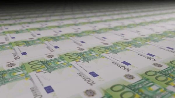 100 euro bills on money printing machine. Illustration of printing cash. Banknotes.