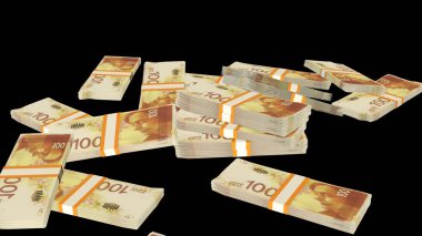 100 Israeli shekels money composition. Financial background. Many banknotes and wads of money. Business or economy concept. Cash.