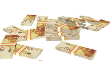100 Israeli shekels money composition. Financial background. Many banknotes and wads of money. Business or economy concept. Cash.