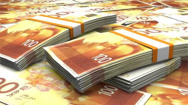 100 Israeli shekels money composition. Financial background. Many banknotes and wads of money. Business or economy concept. Cash.