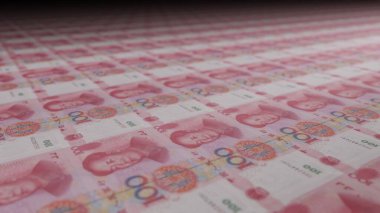100 Chinese yuan bills on money printing machine. Illustration of printing cash. Banknotes. CNY.