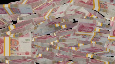 100 Chinese yuan money composition. Financial background. Many banknotes and wads of money. Business or economy concept. Cash.