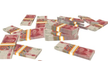100 Chinese yuan money composition. Financial background. Many banknotes and wads of money. Business or economy concept. Cash.