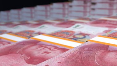 100 Chinese yuan money composition. Financial background. Many banknotes and wads of money. Business or economy concept. Cash.