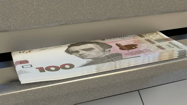 100 Ukrainian hryvnia in cash dispenser. Withdrawal of cash from an ATM. Financial transaction in the bank terminal. UAH.