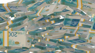 200 Israeli shekels money composition. Financial background. Many banknotes and wads of money. Business or economy concept. Cash.