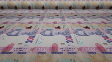 200 Ukrainian hryvnia bills on money printing machine. Illustration of printing cash. Banknotes. UAH. Economy.