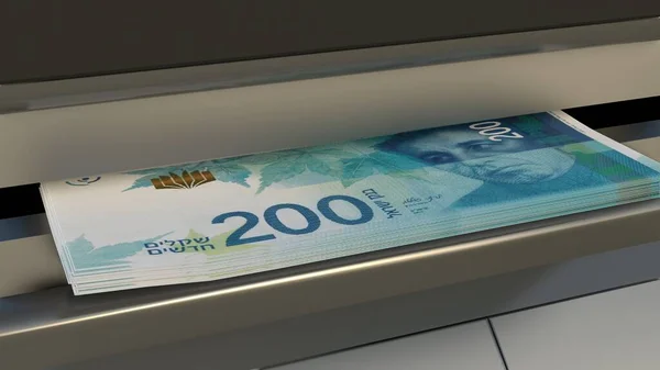 200 Israeli shekels in cash dispenser. Withdrawal of cash from an ATM. Financial transaction in the bank terminal. ILS.