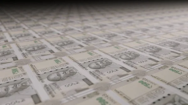 500 Indian rupees bills on money printing machine. Illustration of printing cash. Banknotes. INR.