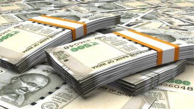 500 Indian rupees money composition. Financial background. Many banknotes and wads of money. Business or economy concept. Cash.