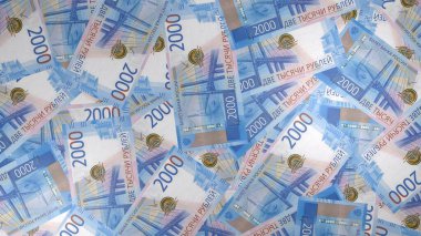 2000 Russian rubles money composition. Financial background. Many banknotes and wads of money. Business or economy concept. Cash.