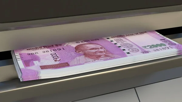 2000 Indian rupees in cash dispenser. Withdrawal of cash from an ATM. Financial transaction in the bank terminal. INR.