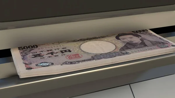 5000 Japanese yen in cash dispenser. Withdrawal of cash from an ATM. Financial transaction in the bank terminal. JPY.