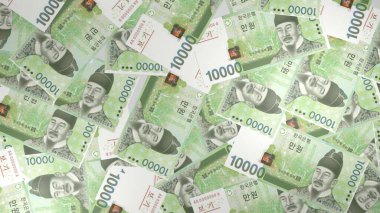 10000 South Korean won money composition. Financial background. Many banknotes and wads of money. Business or economy concept. Cash.