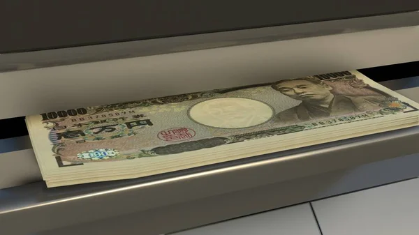 10000 Japanese yen in cash dispenser. Withdrawal of cash from an ATM. Financial transaction in the bank terminal. JPY.