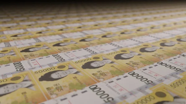 50000 South Korean won bills on money printing machine. Illustration of printing cash. Banknotes. KRW.