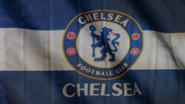 Chelsea football club flag waving in the Wind. Chelsea FC. Team flag.