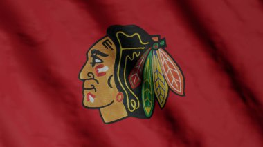 Chicago Blackhawks hockey club flag waving in the Wind. Chicago Blackhawks HC. Team flag.