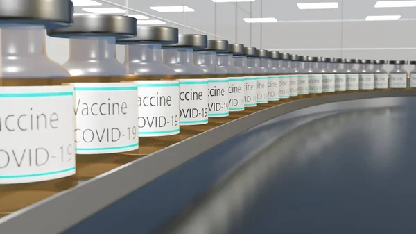 Vaccine production. Many Covid-19 vaccine vials in production. Factory.