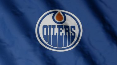 Edmonton Oilers hockey club flag waving in the Wind. Edmonton Oilers HC. Team flag.