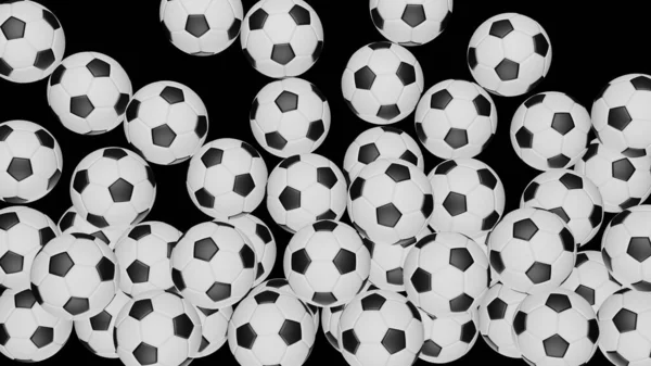 Πολλές Μπάλες Ποδοσφαίρου Μαύρο Φόντο Ποδόσφαιρο — Φωτογραφία Αρχείου