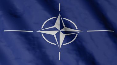 Nato army flag on flagpole. Military organization flag fluttering in the wind. Europe.