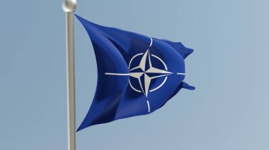 Nato army flag on flagpole. Military organization flag fluttering in the wind. Europe.