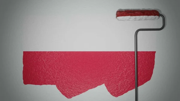 Roller Ζωγραφίζει Τον Τοίχο Χρώματα Της Πολωνικής Σημαίας Ταξιδιωτική Ιδέα — Φωτογραφία Αρχείου