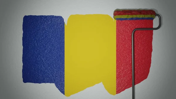 Ролик Раскрашивает Стену Цвета Румынского Флага Концепция Путешествия Румынская Республика — стоковое фото