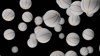Many white basketball balls on black background. Sport concept. Game.