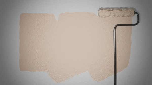 Renovation concept. Roller paints the wall with beige paint. Wall.