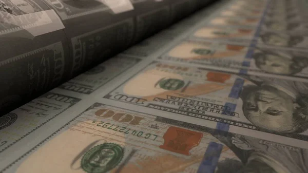 100 dollar bills on money printing machine. Printing cash. Banknotes.