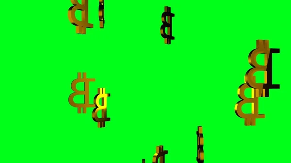 Many golden Bitcoin signs on chromakey background. Crypto. BTC.