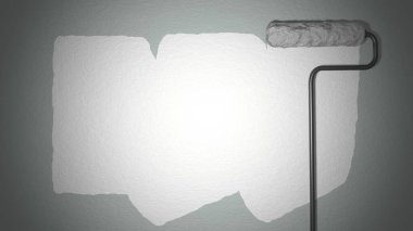 Roller paints the wall with white paint. Renovation concept. Wall.