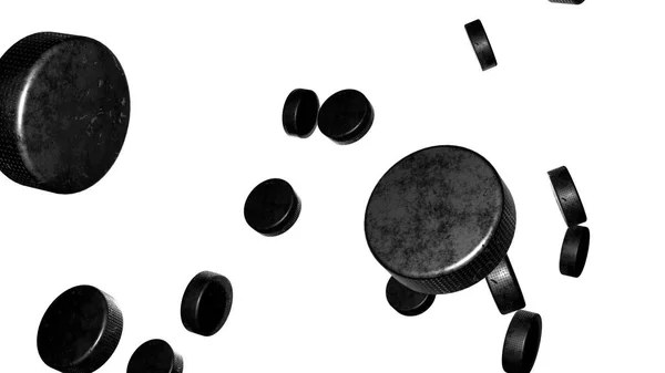 Many Hockey Pucks White Background Creative Sports Illustration Suitable Sport — 스톡 사진