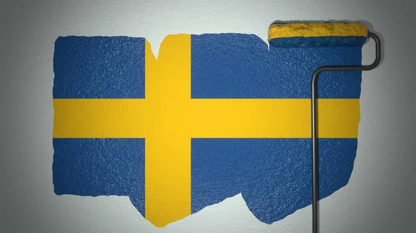 Roller Paints Wall Colors Swedish Flag Travel Concept Sweden National — Stockfoto