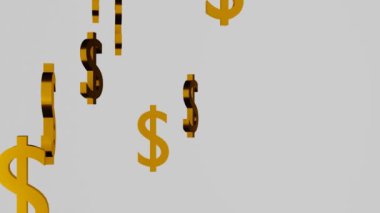 Golden Dollar currency signs falling down on white background. USA money. USD.