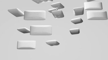 Many chewing gum falling down on white background. Stick of chewing gum.