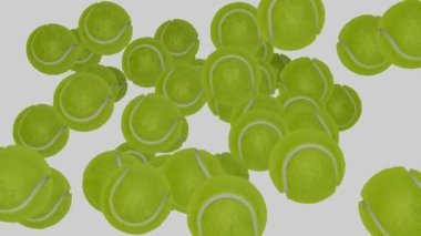 Many tennis balls flying to camera on white background. Sport concept.