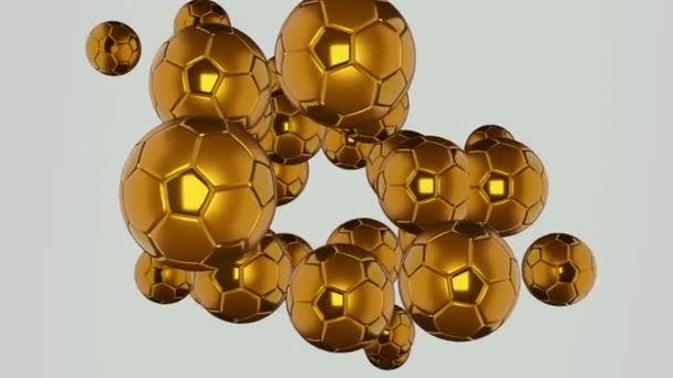 Many Golden Football Balls Flying Camera White Background Luxury Soccer — Stock video