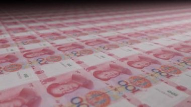 100 Chinese yuan bills on money printing machine. Video of printing cash. Banknotes. CNY.