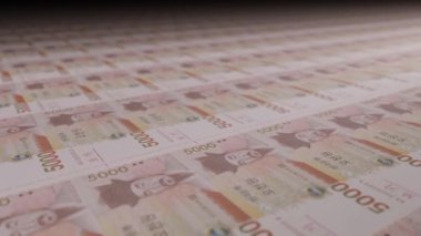 5000 South Korean won bills on money printing machine. Video of printing cash. Banknotes. KRW.