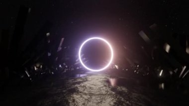 Abstract Neon Video footage. Glowing circle among crystals. Space neon object.