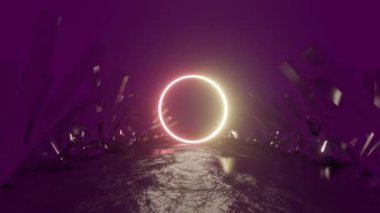 Abstract Neon Video footage. Glowing circle among crystals. Space neon object.