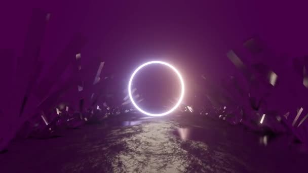 Abstract Neon Video Footage Glowing Circle Crystals Space Neon Object — Vídeo de stock