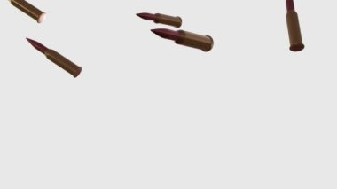 Many bullets falling down on white background. Ammo. Military.